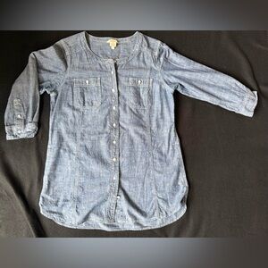 👉🔥🍁Duluth Trading Co. 3/4 Sleeve Chambray Blue Tunic. Side/front Pockets. W: M.